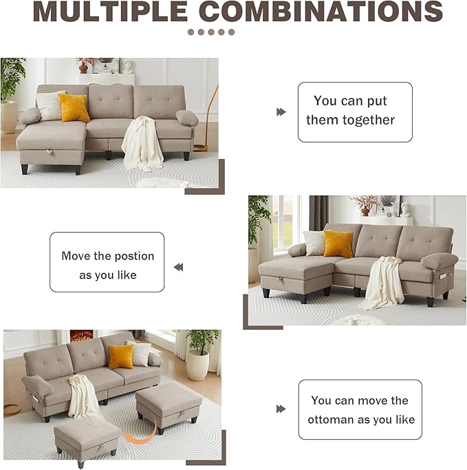 84 Convertible Sectional Sofa Modern Linen Fabric Small L Shaped Couch with Reversible Chaise 3-Seat Sofa Couches for Living Room Apartment and Small SpaceBeige