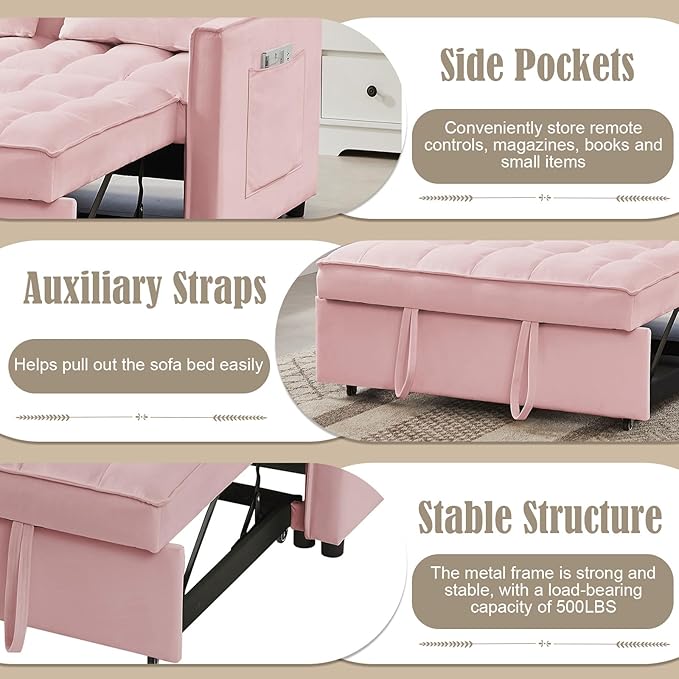 3 in 1 Convertible Sleeper Sofa Couch with Pull Out Bed55 Velvet Upholstered Futon Sofa BedModern Loveseat Sleeper Chaise with Adjustable Backrest for Living Room Guest Room Apartment(Pink)
