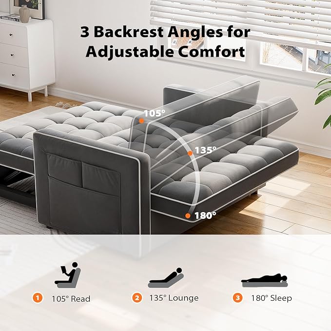 Pipishell 3 in 1 Convertible Sleeper Sofa BedPull Out Couch for Living Room with USB Ports &amp Side PocketsAdjustable BackrestVelvetLoveseat Sofa BedFuton CouchesBlack