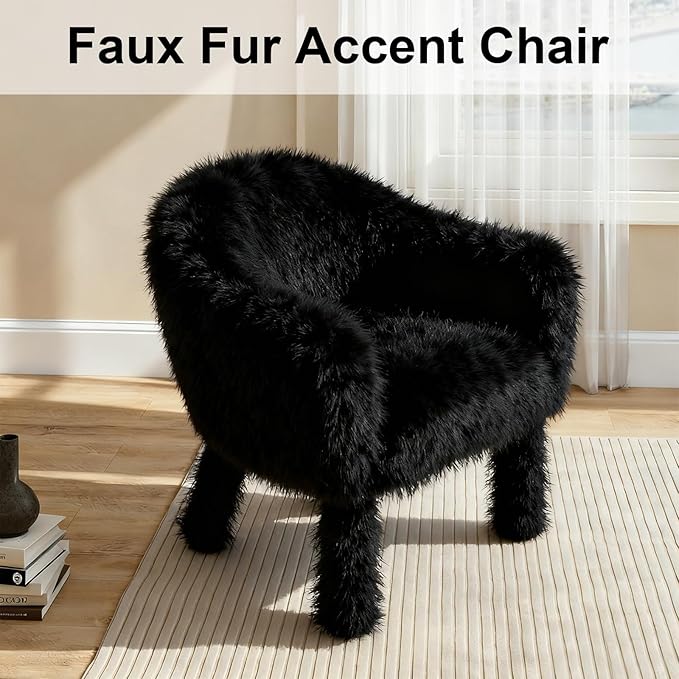 Modern Faux Fur Accent Chair with Solid Wood Frame Comfy Living Chair Cozy Furry Lounge Chair Upholstered Armchair for Living Room Bedroom Vanity Reading Nook Black