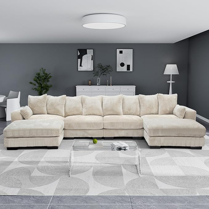 Legend Vansen Modular Sectional Couch Upholstered Corduroy Sofa with Deep Seat and Widened ArmrestsComfy Sectional Couches for Living RoomBedroom (Cream 6 Seat Sofa)