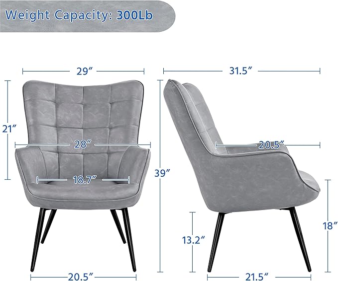 Topeakmart Living Room Chair Accent Faux Leather Chair with Biscuit Tufted Accent Chair with Tapered Legs for Living Room Bedroom Gray
