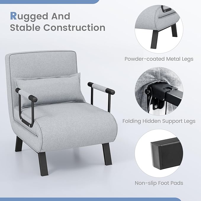 POWERSTONE Convertible Sleeper Chair Bed 4 in 1 Living Room Reading Chair with Pillow Wide Cushion Arm and Adjustable 5 Position Backrest Single Sofa Bed Light Grey