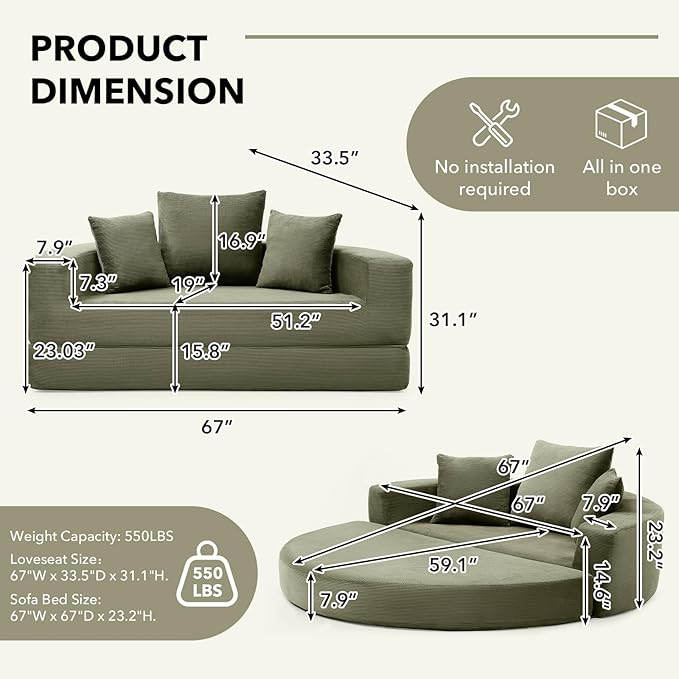 Round Boneless Couch Corduroy Upholstered Folding Convertible Sofa Bed with Pillows 2-in-1 Futon Sofa Bed with Half-Circle Design Comfy Loveseat for Living Room Apartment (Green)