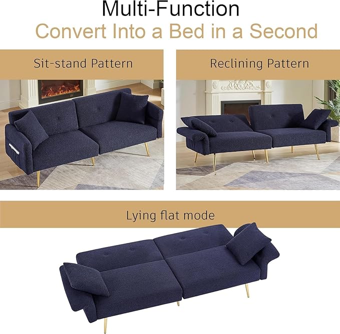 69.5'' Futon Loveseat Sofa Bed Comfy Teddy Upholstered Folding Couch with Adjustable Backrest and ArmrestsSleeper Couches with Side Pocket and Gold Metal Legs for Living Room (Dark Blue)