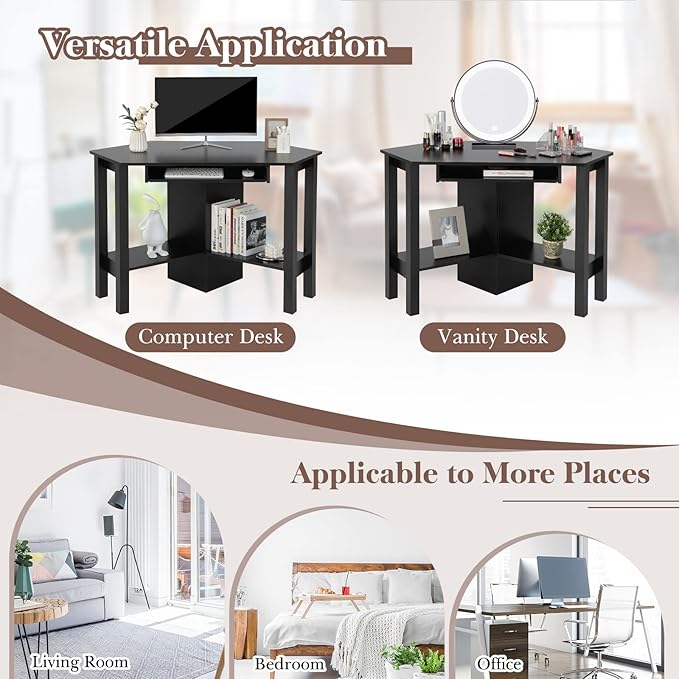Tangkula Corner Desk with Keyboard Tray Triangle Corner Computer Desk for Small Space Bedroom Corner Makeup Vanity Desk with Storage Shelves Space Saving Corner Writing Desk