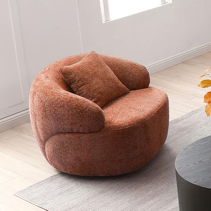 WILLIAMSPACE Swivel Accent Sofa Chair Round Back Boucle Barrel Chair with Pillow Modern Leisure Arm Chair for Hotel Living Room Bedroom Office (Orange)