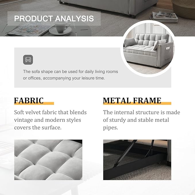 3-in-1 Loveseat Sleeper Sofa Modern 55.5 Pull Out Couch Velvet Upholstered Futon Sofa Bed with Adjustable Backrest Convertible Sofa Bed with Storage Pockets for Living Room(Light Grey)