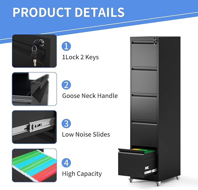 5 Drawer File Cabinet with Wheels Metal Mobile File Cabinet with Lock Rolling Filing Cabinet Home Office for Hanging File Folders Letter Size Legal Size A4 Size Require-Assembled Black