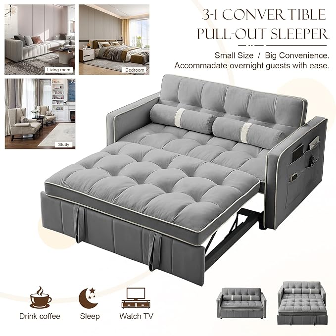 Pull Out Sofa Bed 55.5 Loveseat Sleeper Sofa Bed with Side Pocket Storage Adjustable Backrest and Waist Pillow Suitable for Small Space Living Room Bedroom Office(Grey)