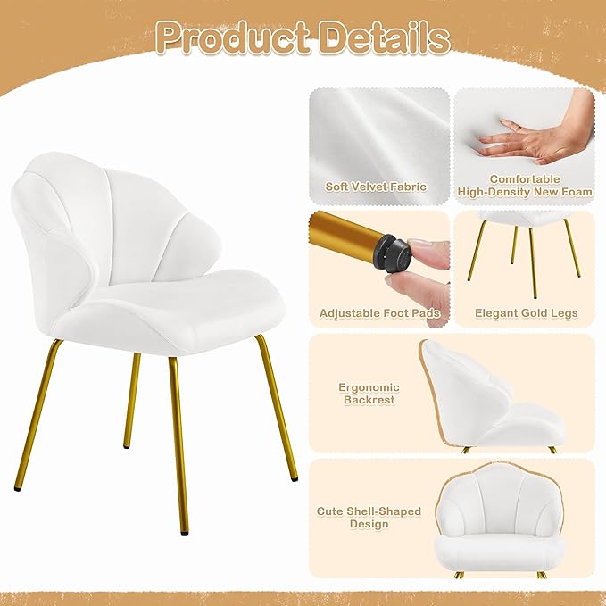 Yaheetech Vanity Chair Velvet Accent Chair with Shell-Shaped Backrest Modern Armchair with Gold Metal Legs for Dressing Room/Bedroom/Living Room White