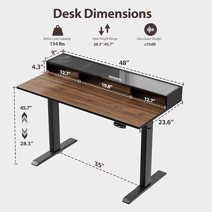 Agilestic Glass Standing Desk with Storage 48 Inch Electric Adjustable Desk with Glass Shelf Sit Stand Up Home Office Computer Table Splice Board Dark Walnut