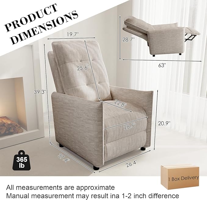 Chenille Fabric Recliner Chair for Adults - Manual Push Back Reclining Sofa with Sturdy Metal Frame Overstuffed High-Density Foam Adjustable Footrest for Living Room Home Theater (Beige)