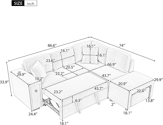86.6 L-Shaped Sectional Sofa Couch Chenille Upholstered Pull-Out Sofa Bed Sleeper with a Movable Ottoman and 2 Cup Holders for Living Room Apartment Offices (Grey-86.6)