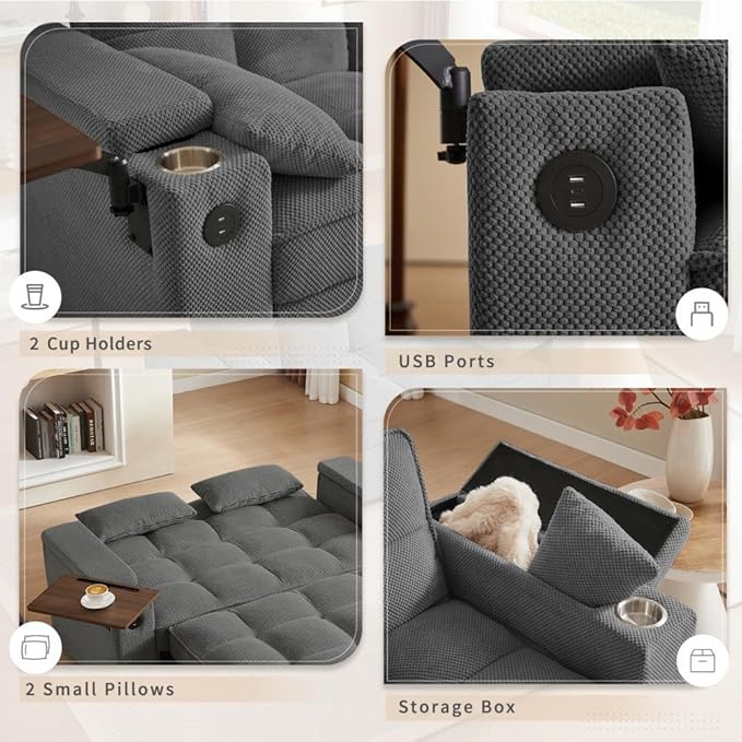 65'' Convertible Sleeper Sofa Bed with Adjustable Backrest Chaise Lounge Side Table &amp USB/Type-C Ports – Stylish &amp Functional Addition to Any Living Room (Dark Grey Sofa Bed)