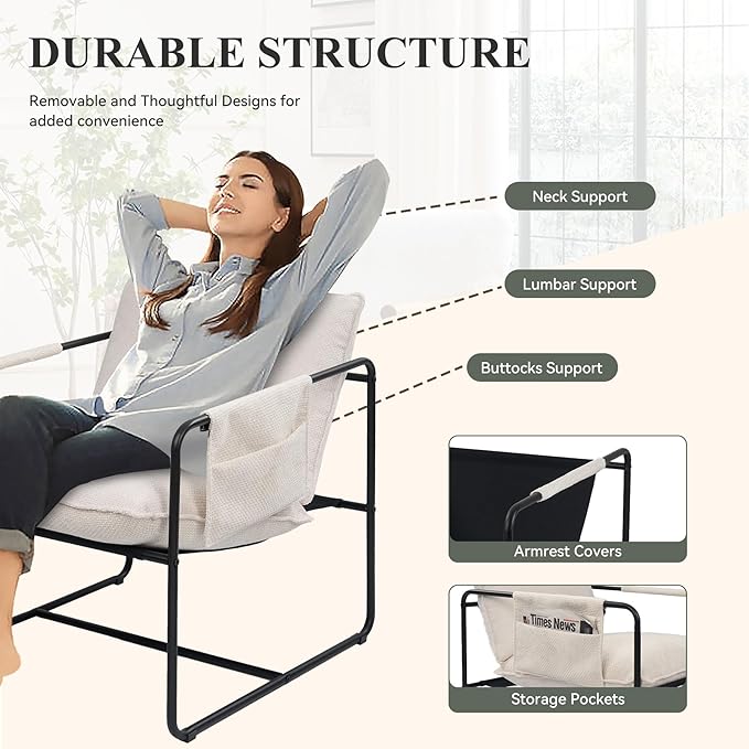 Accent Chair with Metal Frame Upholstered Living Room Chairs with Cushions Comfy Reading Armchair for Bedroom Beige