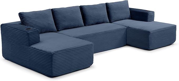 132-Inch U-Shaped Cloud Sectional Couch Symmetrical Modular Compressed Boneless Sectional Sofa with Chaise Lounges Plush Corduroy Boneless Corner Sofa W/Cupholders