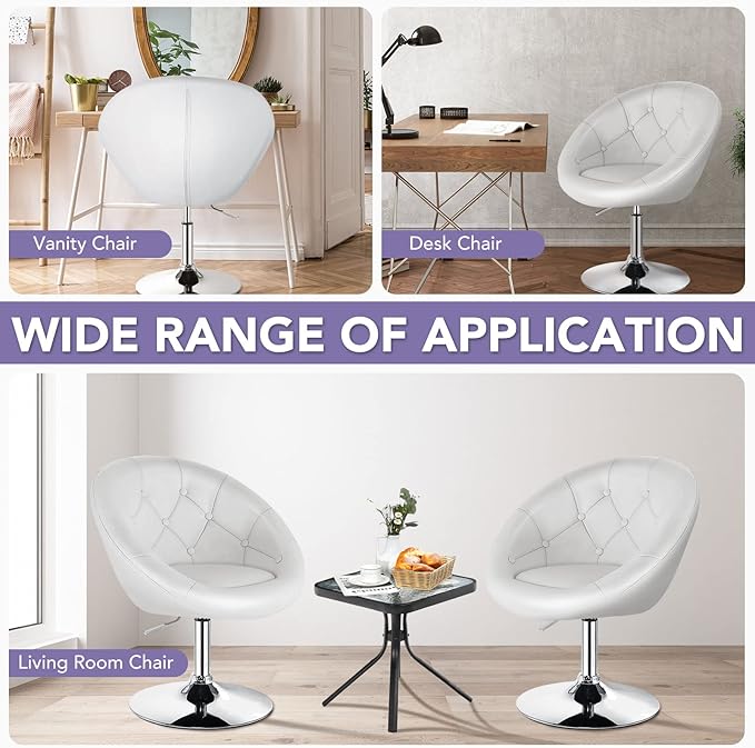 Giantex Swivel Round Vanity Chair Set of 2 Height Adjustable Tilt Makeup Beauty Chair with Back for Makeup Room Barber's Shop Bar Modern Living Room Accent Chairs White