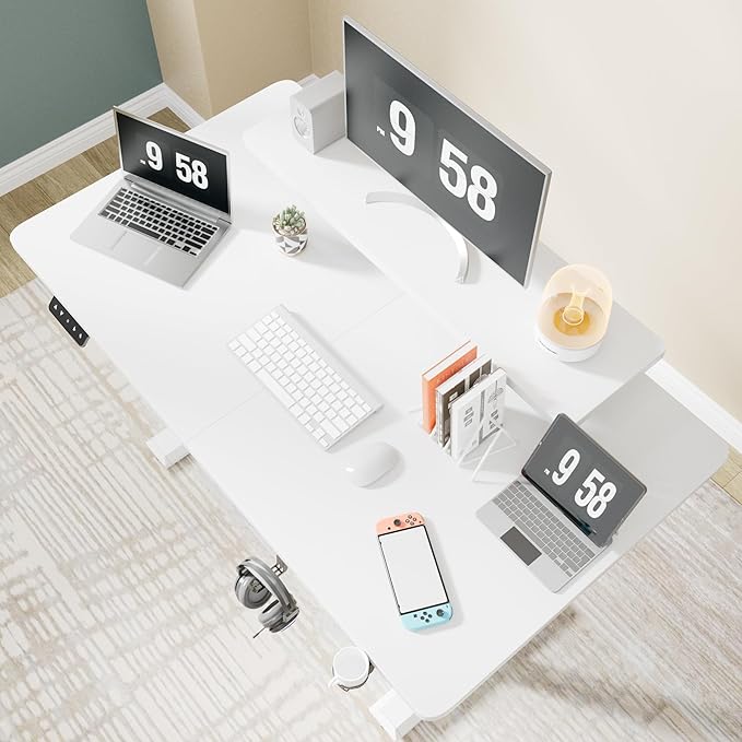 YESHOMY Electric Standing Desk with Monitor Shelf 47 x 24 Inches Height Adjustable Corner Table Computer Workstation with Cup Holder and Hook for Home Office White 47x24 Inch