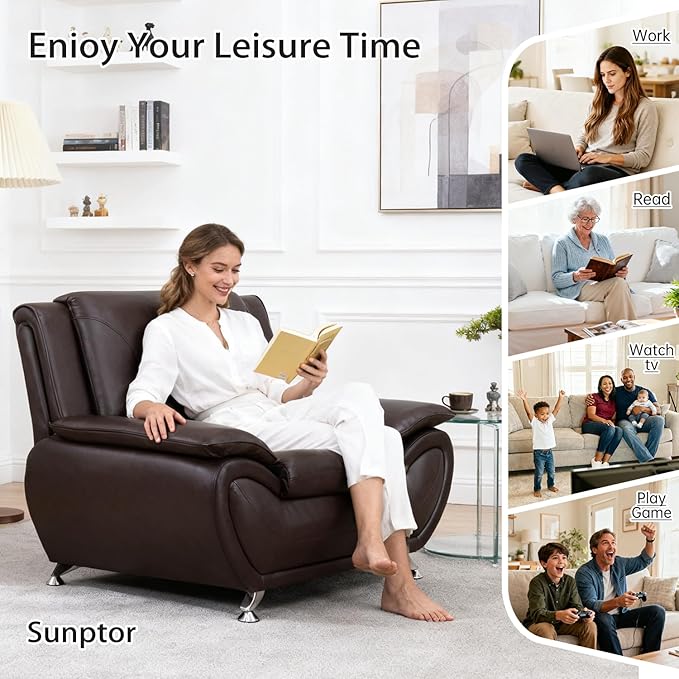 Leather Sofa ChairOversized 46 Accent Chair Couch for Living RoomModern Leather Couch with Metal LegsSmall Sofa for Small Space/Apartment/RV Car/Lounge/Dorm(Brown)