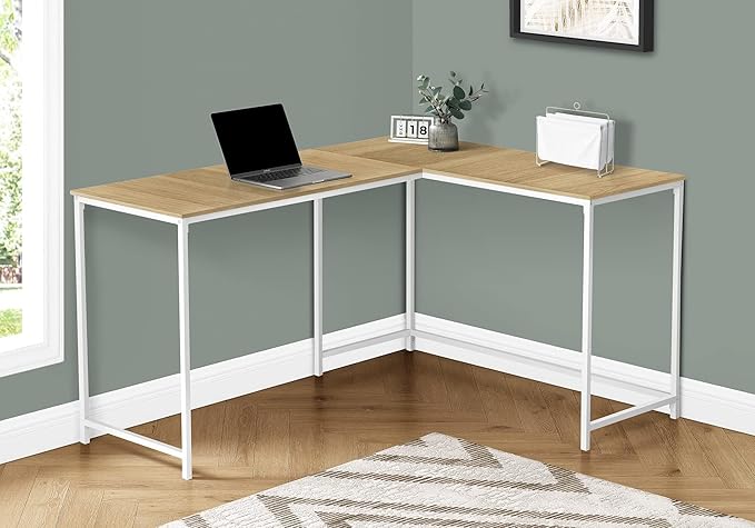 Pemberly Row Corner Computer Desk 58 L L-Shaped Design Natural Wood-Look Laminate Metal Base in White Finish Space-Saving Home Office Desk Compact and Spacious for Productivity