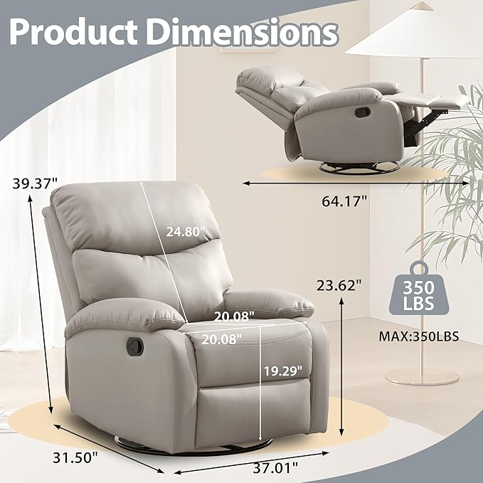 Genuine Leather Rocker Recliner Modern Manual Swivel Glider Recliner with Adjustable Backrest &amp Footrest Wall Hugger Swivel Rocking Recliner Chair for Modern Living Room and RV Beige