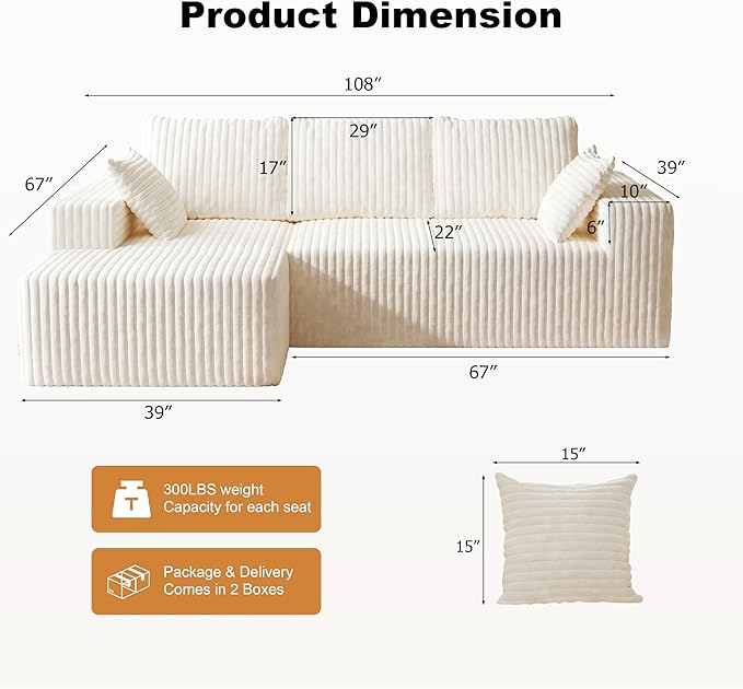 Modular Sectional Sofa 3-Seat L-Shaped Cloud Couch with Memory Foam Oversized Chaise for Living Room Breathable Fabric &amp Removable Cover