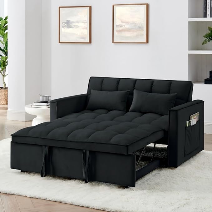 KEIKI 54.33 Pull-Out Sofa Couch Bed 2 in 1 Convertible Velvet Sleeper Sofa with Adjustable Back for Apartment Living Room Black