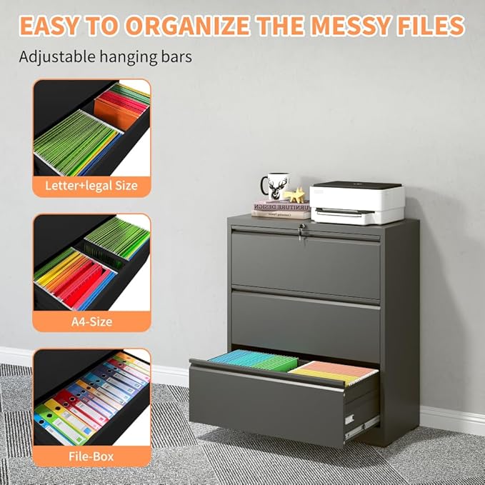 Lateral File Cabinet with Lock – Heavy-Duty Metal Filing Cabinet for Home Office Space-Saving Wide Storage for Letter/Legal/A4/F4 Silent Full-Extension Slides Easy-Assembly (Black + Modern)