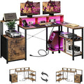 GTPLAYER 73 L Shaped Gaming Desk Reversible Computer Desk with Power Outlets &amp LED Lights Home Office Corner Desk with Storage Shelves Monitor Stand and Tower Space Rustic Brown