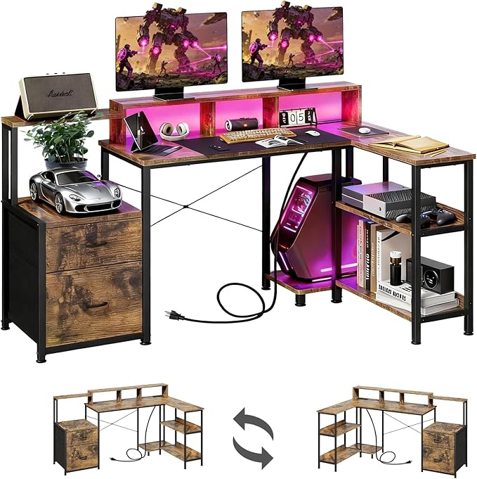GTPLAYER 73 L Shaped Gaming Desk Reversible Computer Desk with Power Outlets &amp LED Lights Home Office Corner Desk with Storage Shelves Monitor Stand and Tower Space Rustic Brown