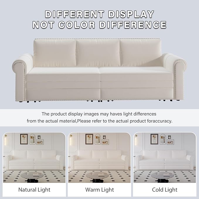 93.7 King Pull Out Sofa Bed Velvet Sleeper Sofa Couch 3 in 1 Convertible Futon Couches for Living Room Small Space Apartment Office Bedroom Modern Rivet Armrest Beige