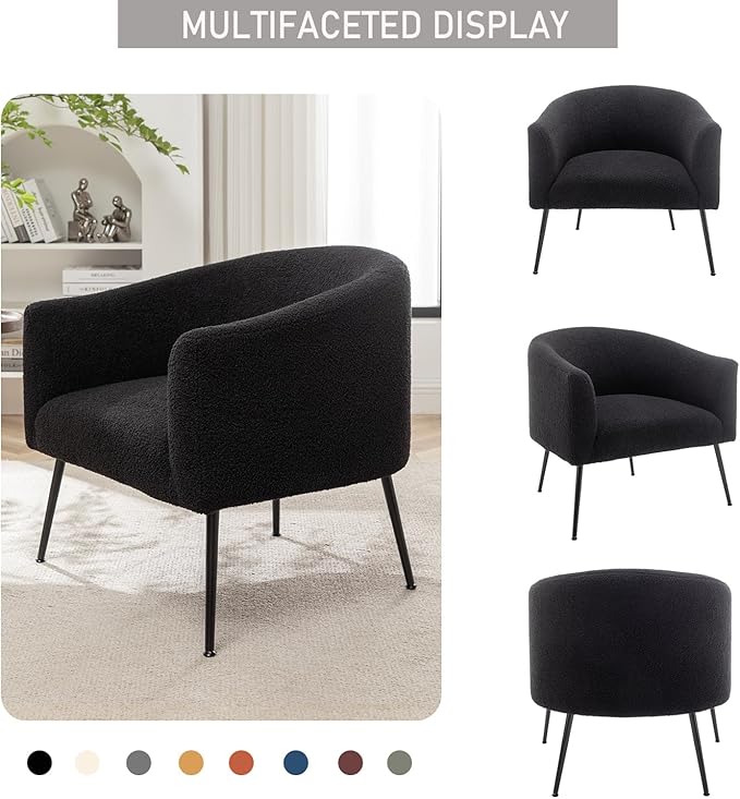 Modern Sherpa Boucle Accent Chair Upholstered Comfortable Armchair with Thicken Cushion Black Metal LegsComfy Reading Chairs for Living Room Bedroom Office(Black)