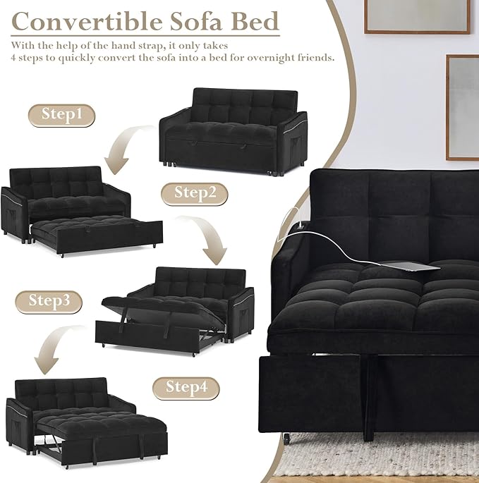 Sleeper Sofa Couch with Type C USB Port 3 in 1 Modern Velvet Convertible Loveseat Sofa w/Pull Out Bed Curved Armrest for Small Space Livingroom Apartment Office Black
