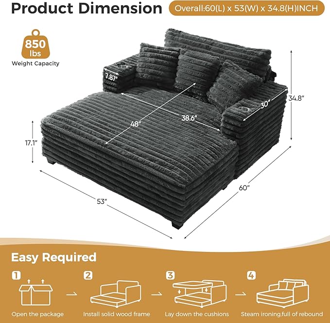 60 Chaise Lounge Indoor Upgraded Oversized Plush Faux Fur Sleeper Sofa Bed w/Pillows &amp Wide Armrests Fluffy Upholstered Reading Chairs Cloud Sofa Couches for Living Room Set of 2Dark Grey