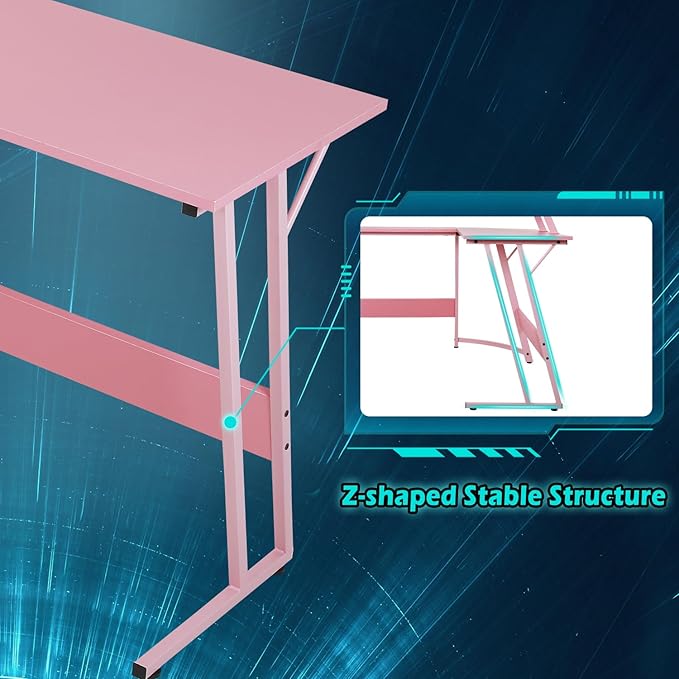 Dkelincs L Shaped Gaming Desk 51 Inch Computer Corner Desk Home Office Desks PC Gaming Table with Monitor Riser Stand for Home Office Writing Workstation Pink