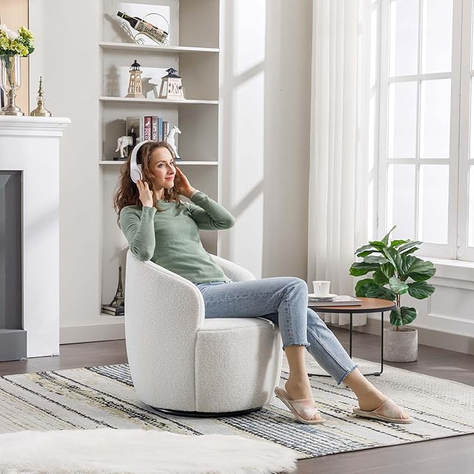 Antetek Small Swivel Chair Club 360 Degree Swivel Barrel Chair Modern Leisure Arm Chair for Nursery Living Room Hotel Bedroom Office Lounge Ivory