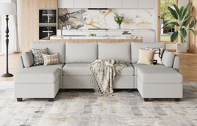 114.17 Modular Sectional Sofa 6 Seat Modular Couch with Storage Memory Foam Convertible Sectional Couches for Living Room U Shaped Comfy Modular Sofa with Chaise Light Grey