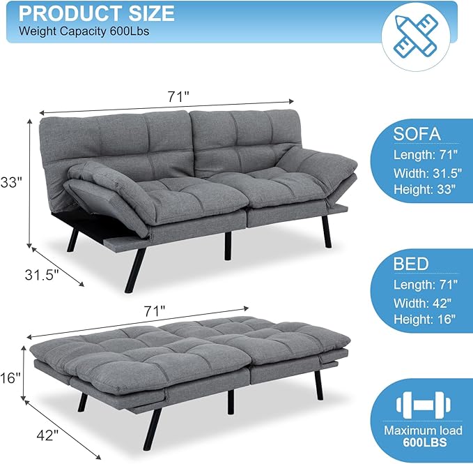MUUEGM Futon Sofa Bed Couch Sofa Memory Foam Futon Sleeper Sofa Loveseat Convertible Couch Bed for Small Compact Spaces ApartmentLight Grey.