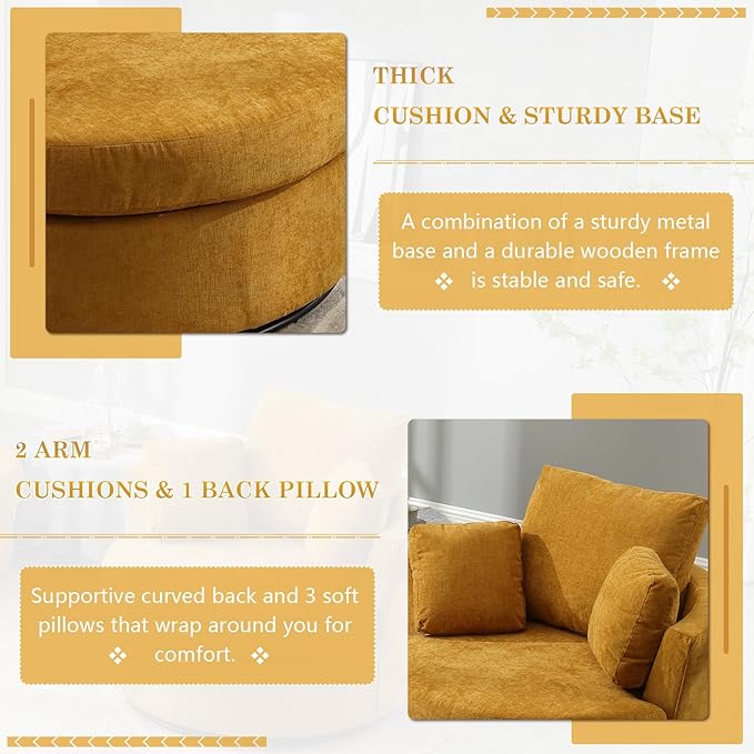 Swivel Barrel Chair Modern Fabric Oversized 360 Degree Club Accent Arm Chairs Single Round Living Room Sofa Chair w/ 3 Pillows for Nursery Bedroom Reading Office Yellow
