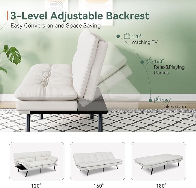 Opoiar 71 L Covertible Futon Sofa BedFaux Leather Futon Couch Memory Foam Modern Loveseat Sleeper Small Splitback Sofa Couches for Living RoomRVHome OfficeApartmentWhite