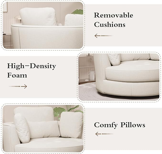 Chifee &amp Vingol 50.2 Oversized Swivel Accent Chair Upholstered Round Barrel Chair with Pillows Swivel Chairs for Living Room BedroomChenilleBeige