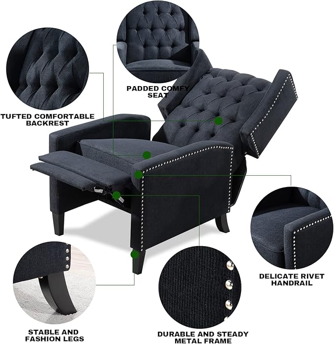 Black Mid Century Modern Recliner Wingback Accent Chair with Push Back Mechanism Button Tufted Fabric Sofa &amp Nailhead Trim - Comfy Living Room Seating for Home Theater Office
