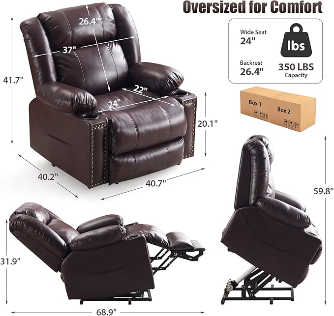 Power Lift Recliner Chair for Elderly Oversized Leather Lift Chair with Heat and Massage Dual Motor Zero Gravity Power Recliner Chair with Adjustable Headrest Cup Holder &amp USB Port