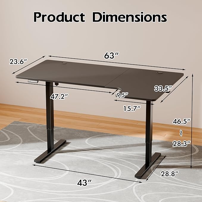Realbear 63 Inch Electric L Shaped Standing Desk Height Adjustable Standing Corner Desk with 3 Memory Presets Ergonomic Workstation Office Desk for Home/Office (Black 63 Inch)