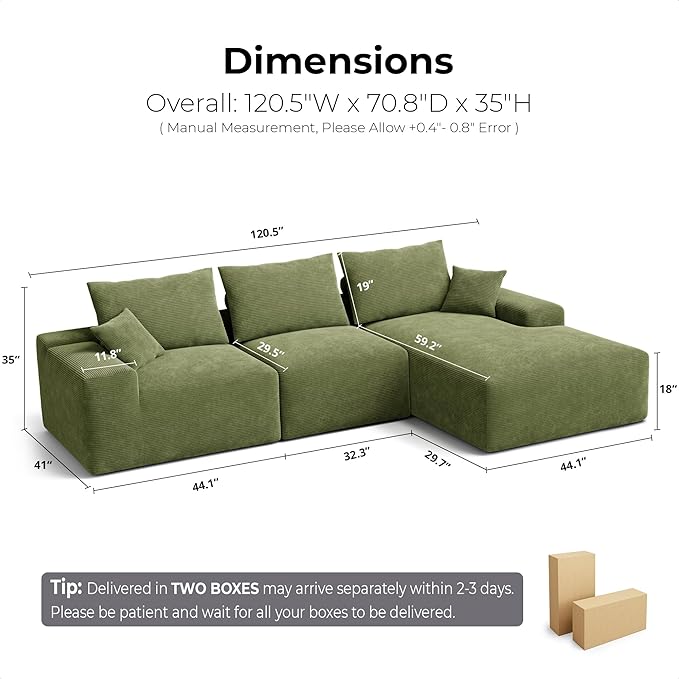 LIKIMIO 120 Modular Sectional Sofa Modern Boneless Cloud Couch Oversized 3-Seater Comfy Deep Seat L-Shaped with Chaise for Living Room No Assembly Required Corduroy Upholstery Green