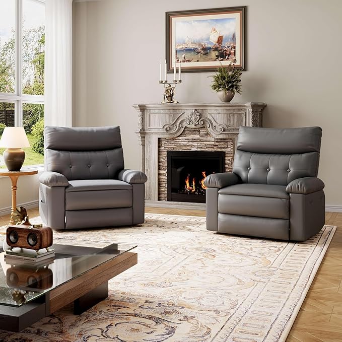 Oversized Wide Rocker Swivel Recliner Chair PU Leather Manual Recliner for Adults Large Nursery Glider Chair with Comfortable Arms &amp Back for Living Room BedroomGray