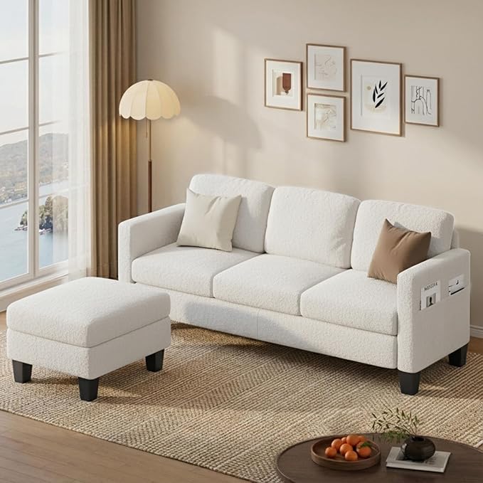 L-Shaped Sectional Sofa with Reversible Chaise Modern Boucle Upholstered Couch with Spring Cushions Comfortable Corner Sofa for Living Room Apartment &amp Small Space