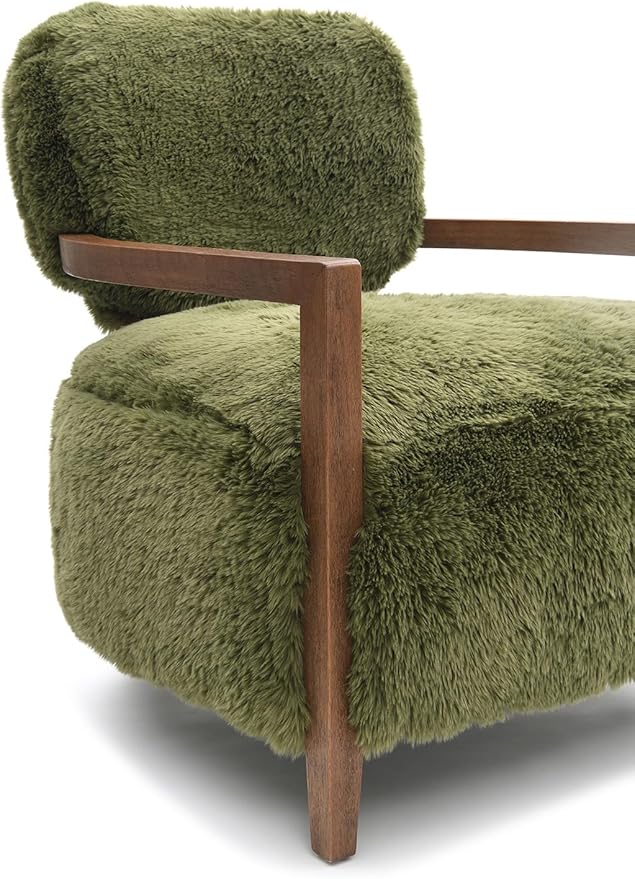 Modern Luxury Reading Chair with Wooden HandrailComfortable Faux Fur Side Chair Accent Chair for ApartmentLiving RoomOfficeStudyGreen.