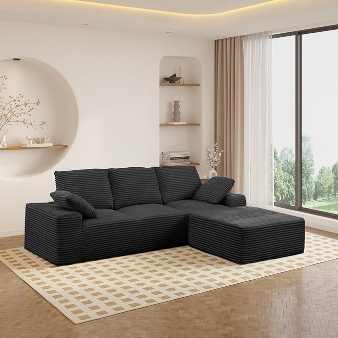 Oversized Convertible L Shaped Sectional Sofa Cloud Couch with Movable Ottoman 103.5 Inch 4 Seat Corduroy Boneless Sofa Set No Assembly Required Floor Couch with Throw Cushions for Living Room